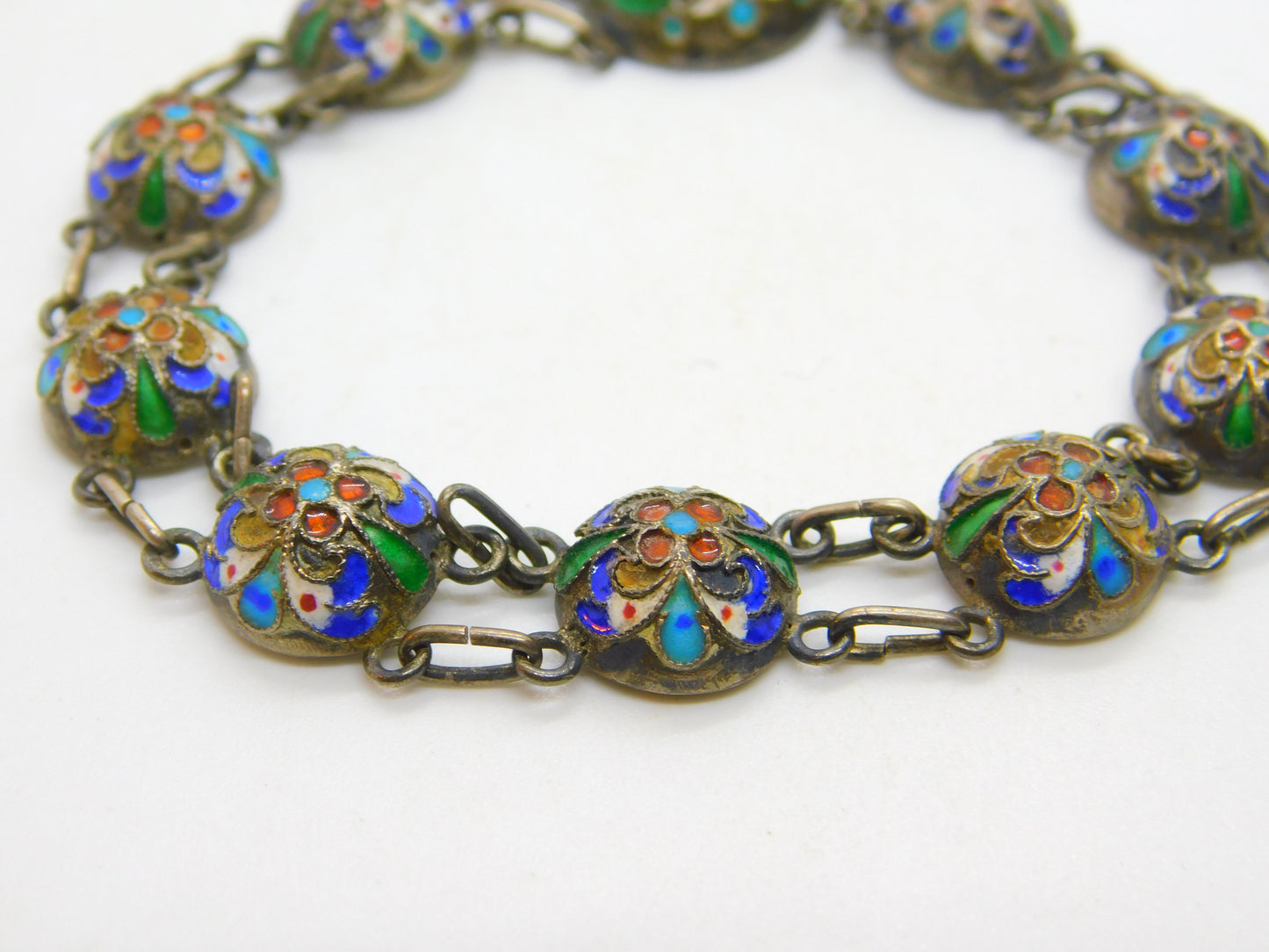 Victorian Russian Sterling Silver Colourful Enamel Floral Panel Bracelet c1880