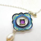 Edwardian Art Nouveau Sterling Silver, Enamel & Pearl Lavalier Drop Necklace