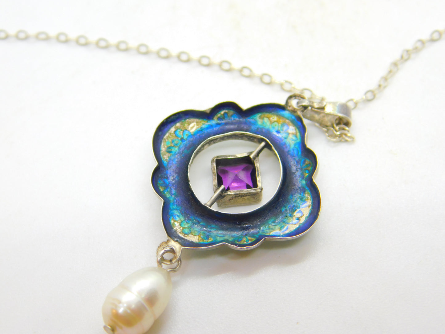 Edwardian Art Nouveau Sterling Silver, Enamel & Pearl Lavalier Drop Necklace