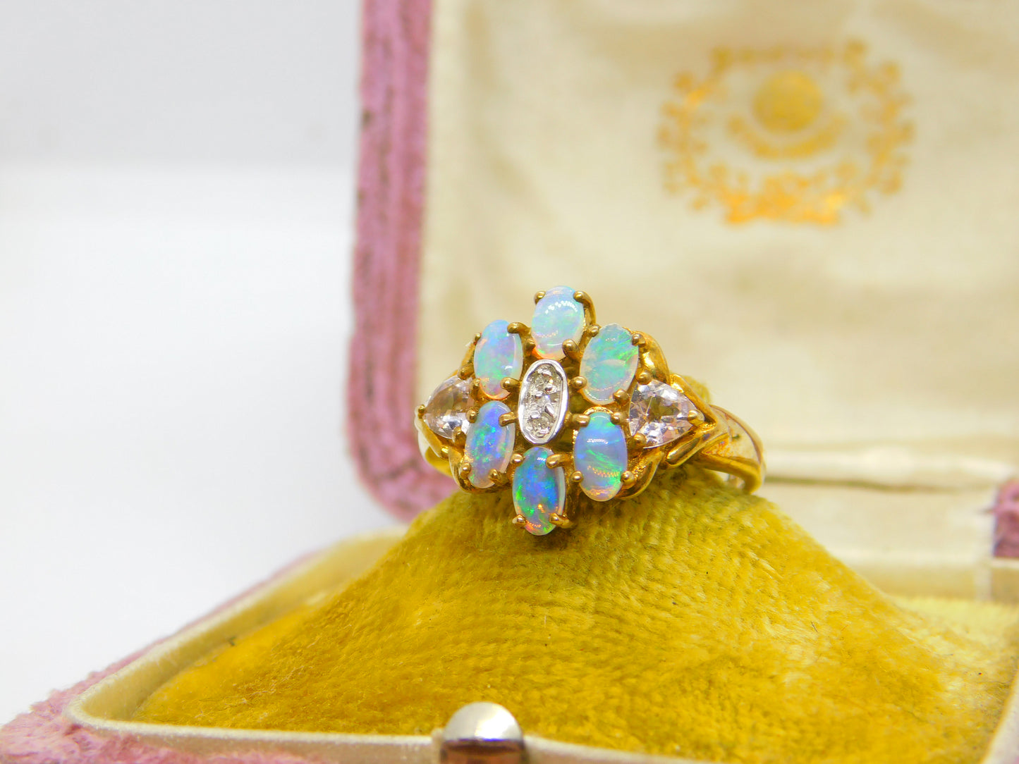 9ct Yellow Gold, Diamond & Water Opal Cluster Ring Vintage Birmingham