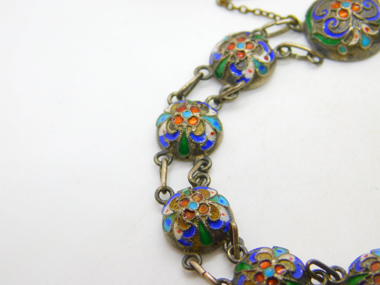 Victorian Russian Sterling Silver Colourful Enamel Floral Panel Bracelet c1880