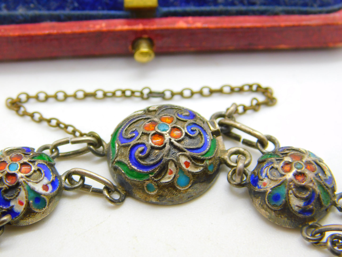 Victorian Russian Sterling Silver Colourful Enamel Floral Panel Bracelet c1880