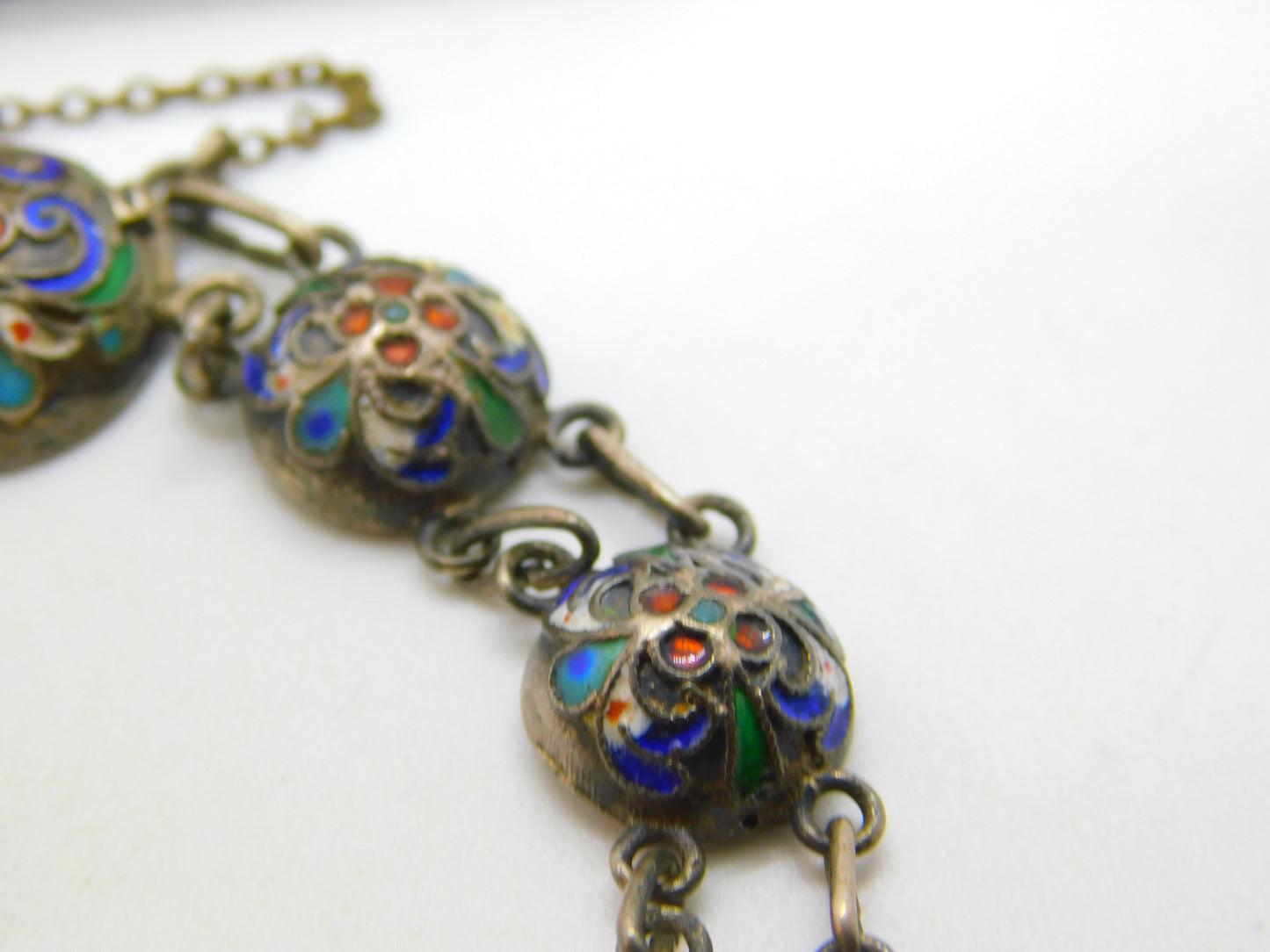 Victorian Russian Sterling Silver Colourful Enamel Floral Panel Bracelet c1880