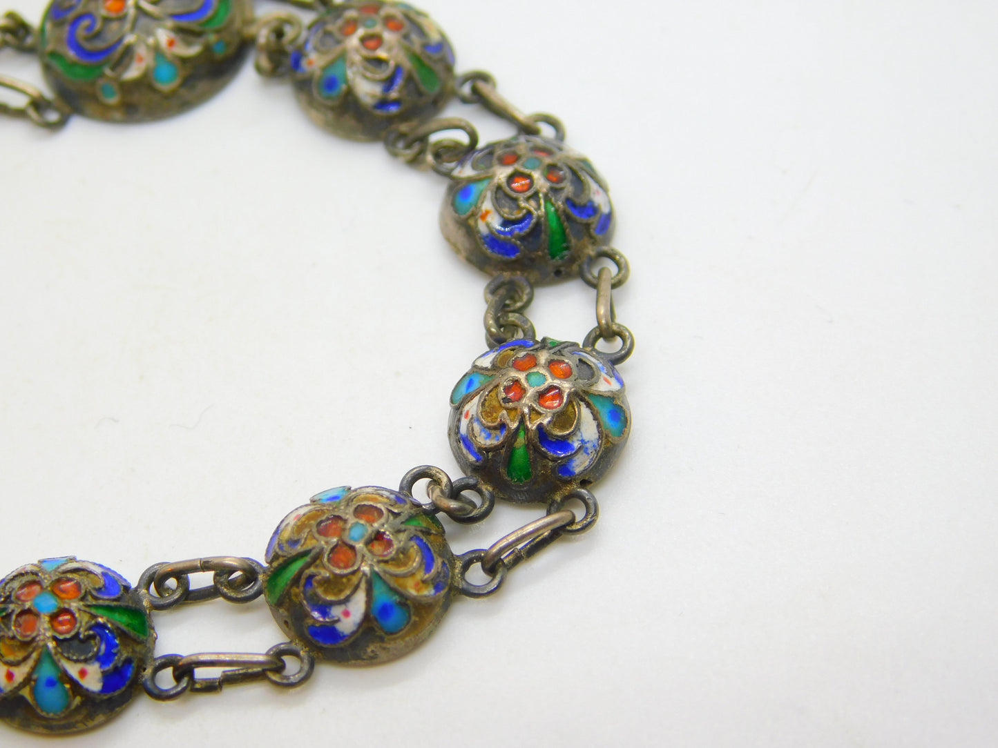 Victorian Russian Sterling Silver Colourful Enamel Floral Panel Bracelet c1880