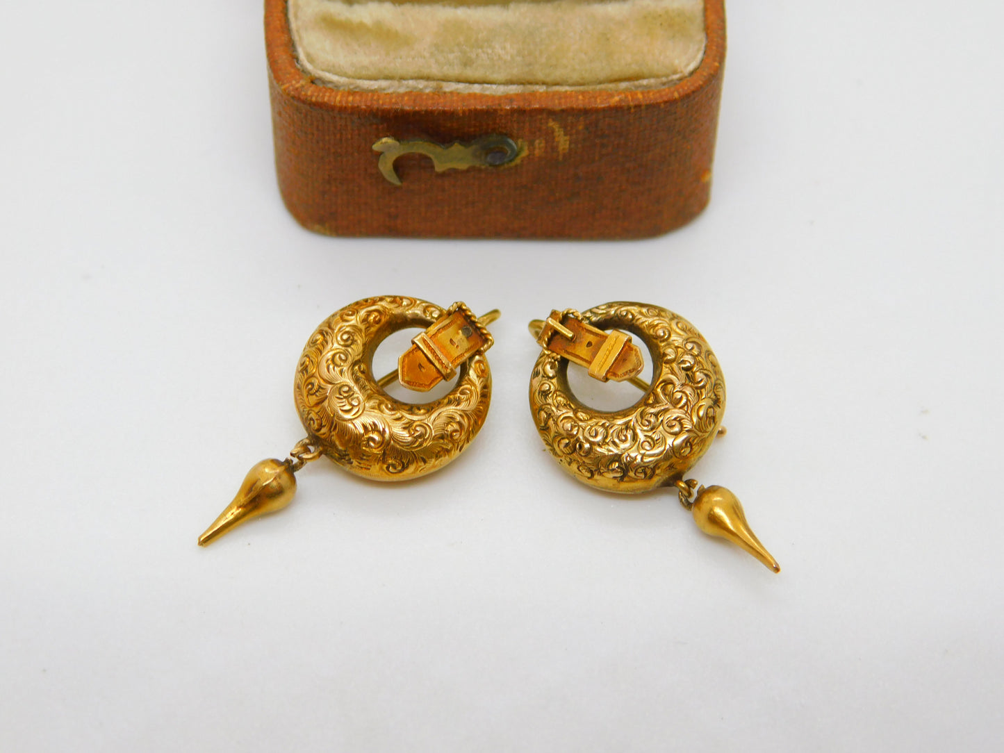 Victorian 18ct Yellow Gold Etruscan Style Buckle Drop Earrings Antique c1860