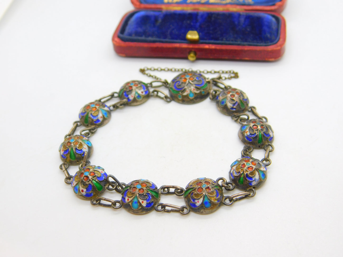 Victorian Russian Sterling Silver Colourful Enamel Floral Panel Bracelet c1880