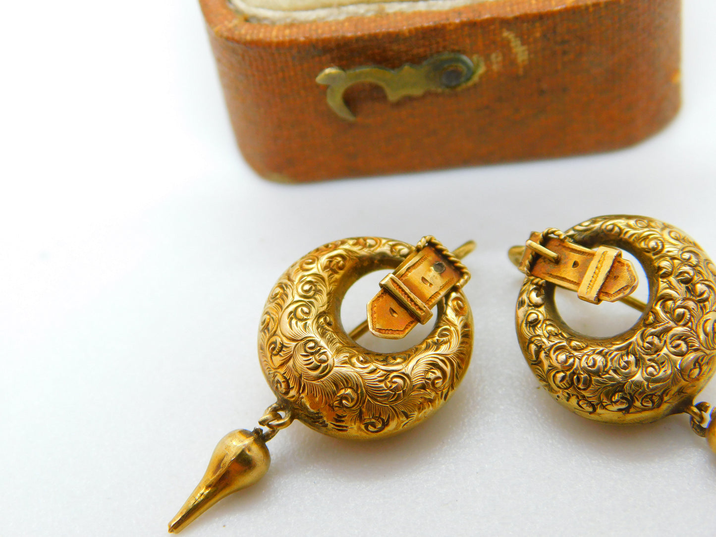 Victorian 18ct Yellow Gold Etruscan Style Buckle Drop Earrings Antique c1860