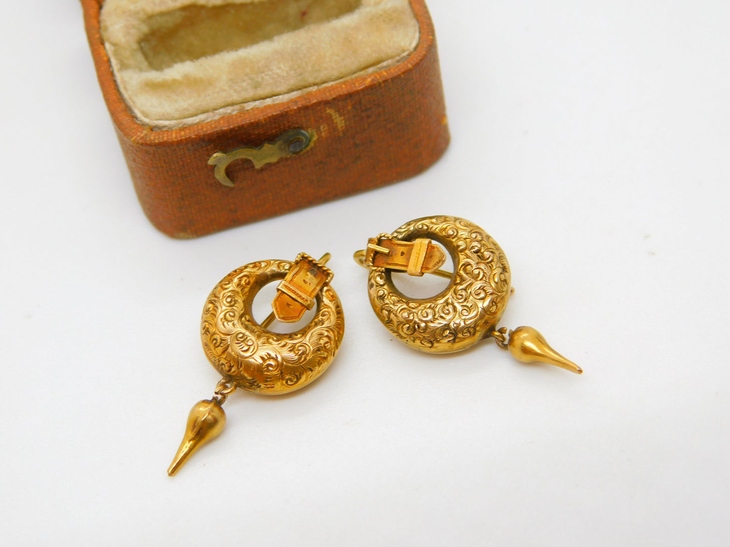 Victorian 18ct Yellow Gold Etruscan Style Buckle Drop Earrings Antique c1860