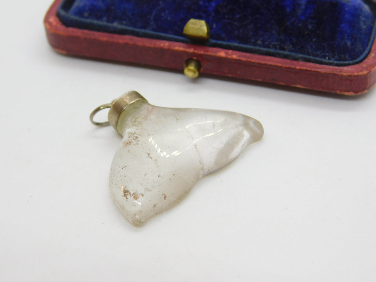 Sterling Silver & Carved Rock Crystal Whale Tail or Fluke Pendant Antique