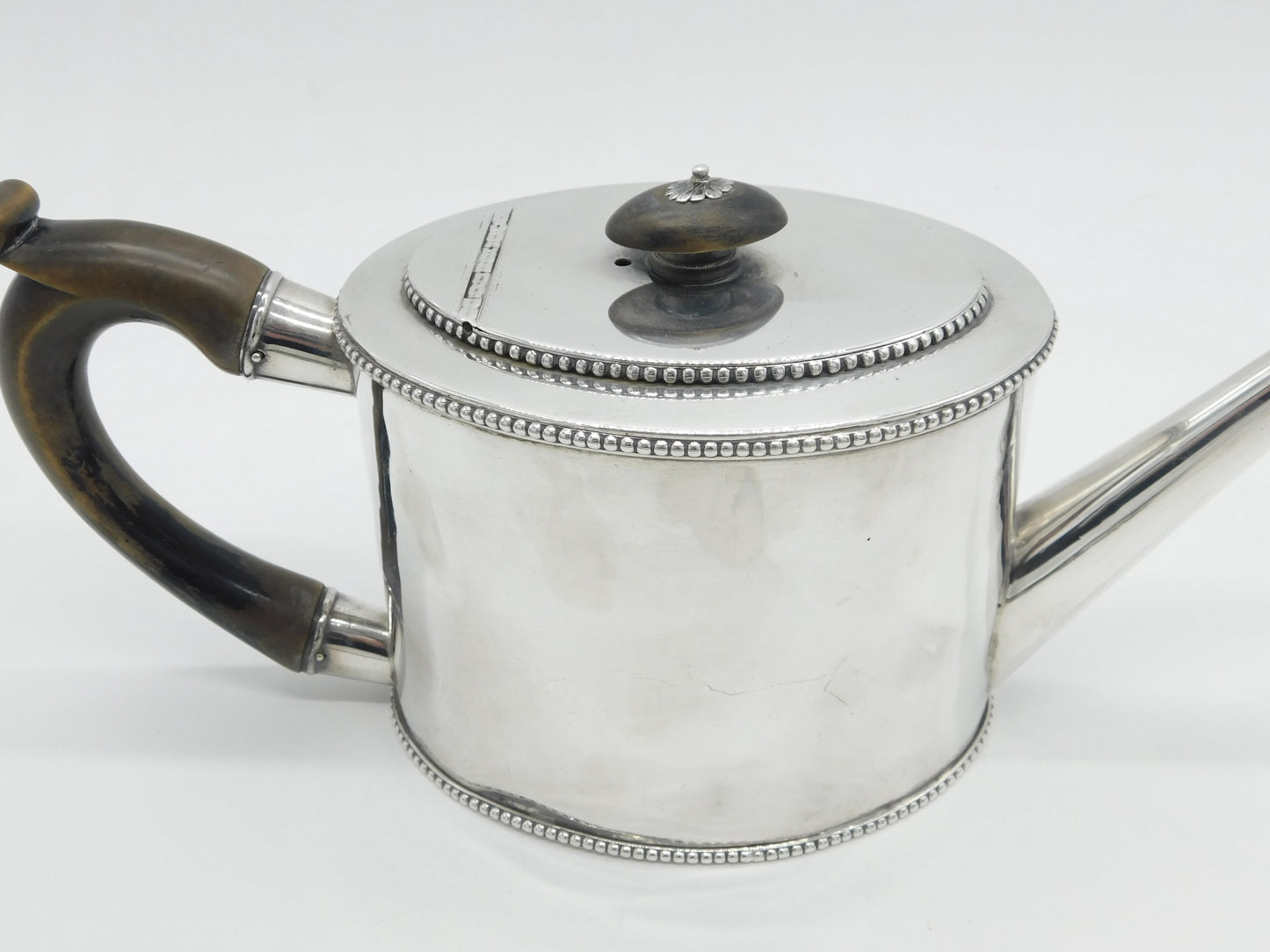 George III Sterling Silver Wooden Handle Beaded Teapot Antique 1780 Newcastle