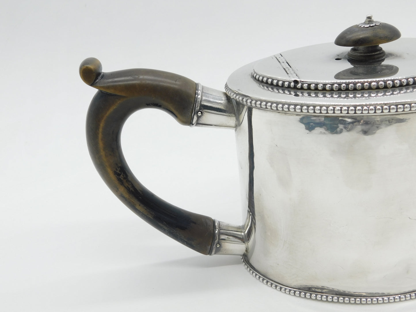 George III Sterling Silver Wooden Handle Beaded Teapot Antique 1780 Newcastle