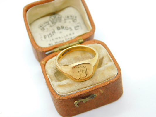 9ct Yellow Gold 'D' Italic Initial Signet Ring Vintage 1978 Birmingham