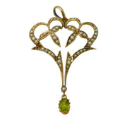Edwardian 9ct Yellow Gold, Seed Pearl & Peridot Lavalier Pendant Antique c1910
