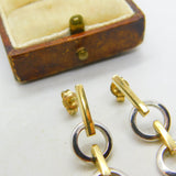 9ct Two-Tone Gold Dangling Hoop Drop Stud Earrings Vintage 2005 London