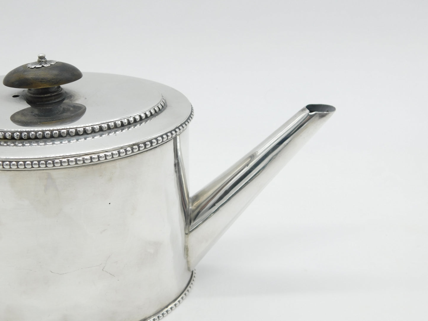 George III Sterling Silver Wooden Handle Beaded Teapot Antique 1780 Newcastle