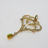 Edwardian 9ct Yellow Gold, Seed Pearl & Peridot Lavalier Pendant Antique c1910