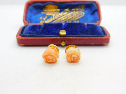 9ct Yellow Gold & Carved Coral Rose Flower Stud Earrings Vintage c1970