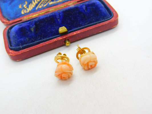 9ct Yellow Gold & Carved Coral Rose Flower Stud Earrings Vintage c1970