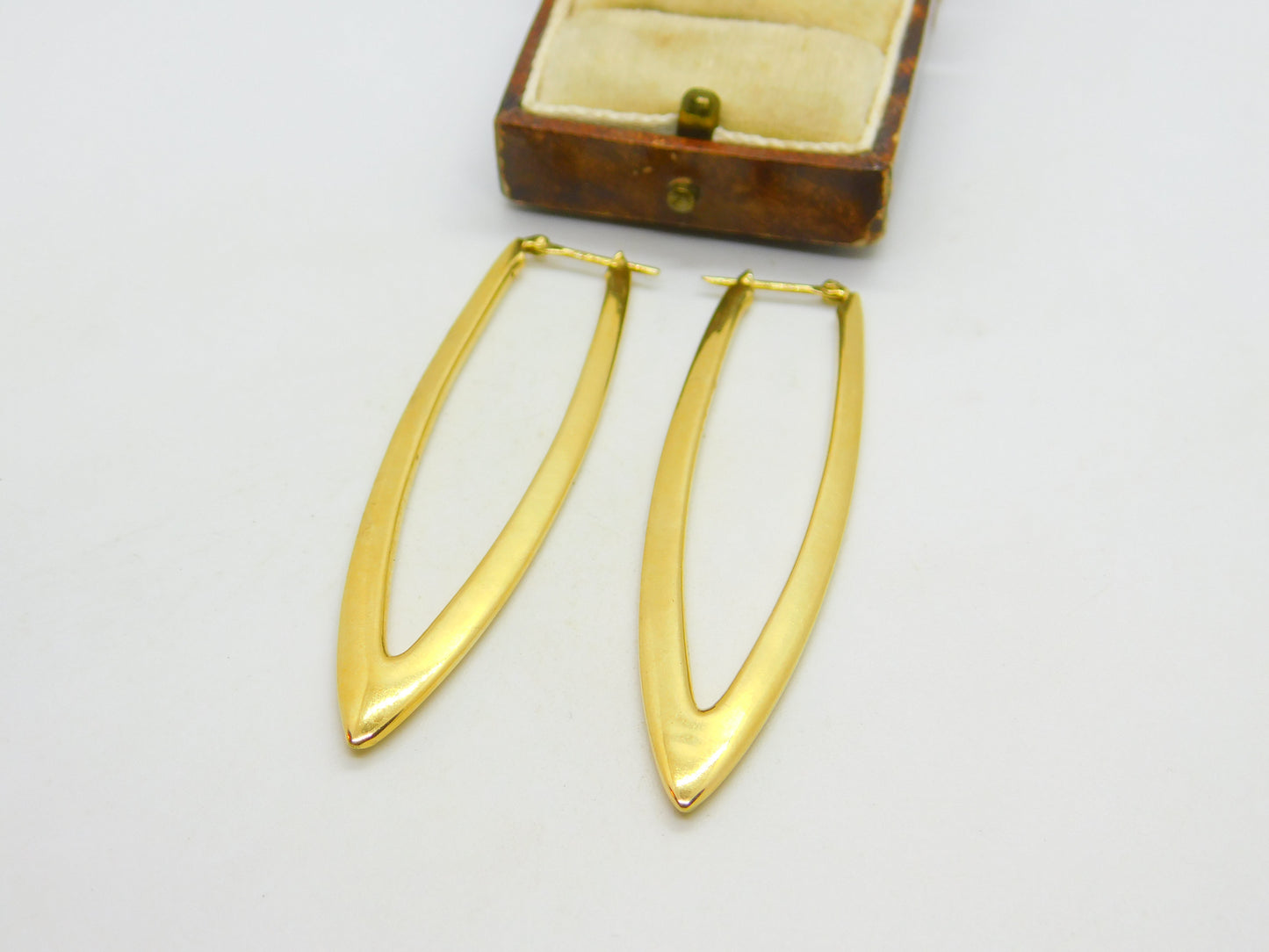 Large 18ct Yellow Gold Feather Form Designer Style Drop Earrings London 1958