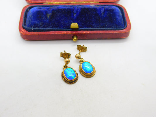 9ct Yellow Gold & Greek Opal Drop Earrings Vintage c1980 Birmingham