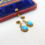 9ct Yellow Gold & Greek Opal Drop Earrings Vintage c1980 Birmingham