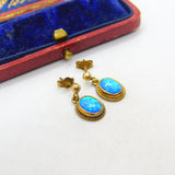 9ct Yellow Gold & Greek Opal Drop Earrings Vintage c1980 Birmingham