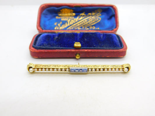 Victorian 14ct Yellow Gold, Seed Pearl & Sapphire Set Bar Brooch c1880 Antique