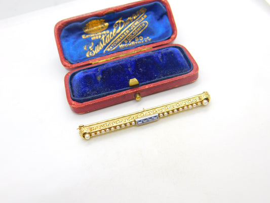 Victorian 14ct Yellow Gold, Seed Pearl & Sapphire Set Bar Brooch c1880 Antique