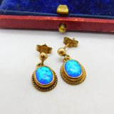 9ct Yellow Gold & Greek Opal Drop Earrings Vintage c1980 Birmingham