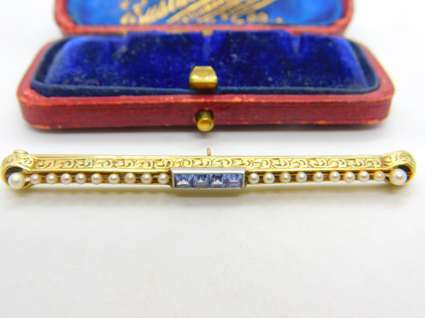 Victorian 14ct Yellow Gold, Seed Pearl & Sapphire Set Bar Brooch c1880 Antique