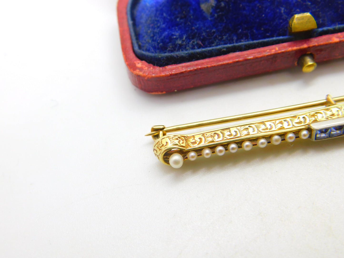 Victorian 14ct Yellow Gold, Seed Pearl & Sapphire Set Bar Brooch c1880 Antique