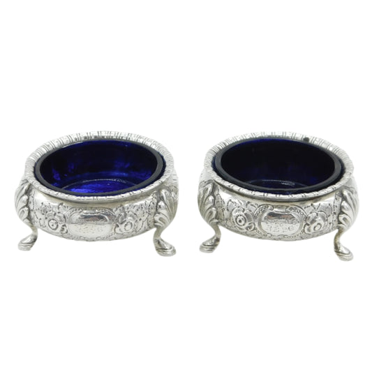 Victorian Pair of Sterling Silver Floral Salt Cellars Antique 1870 Sheffield