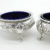 Victorian Pair of Sterling Silver Floral Salt Cellars Antique 1870 Sheffield