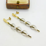 9ct Two-Tone Gold Dangling Feather Drop Stud Earrings Vintage 2004 London