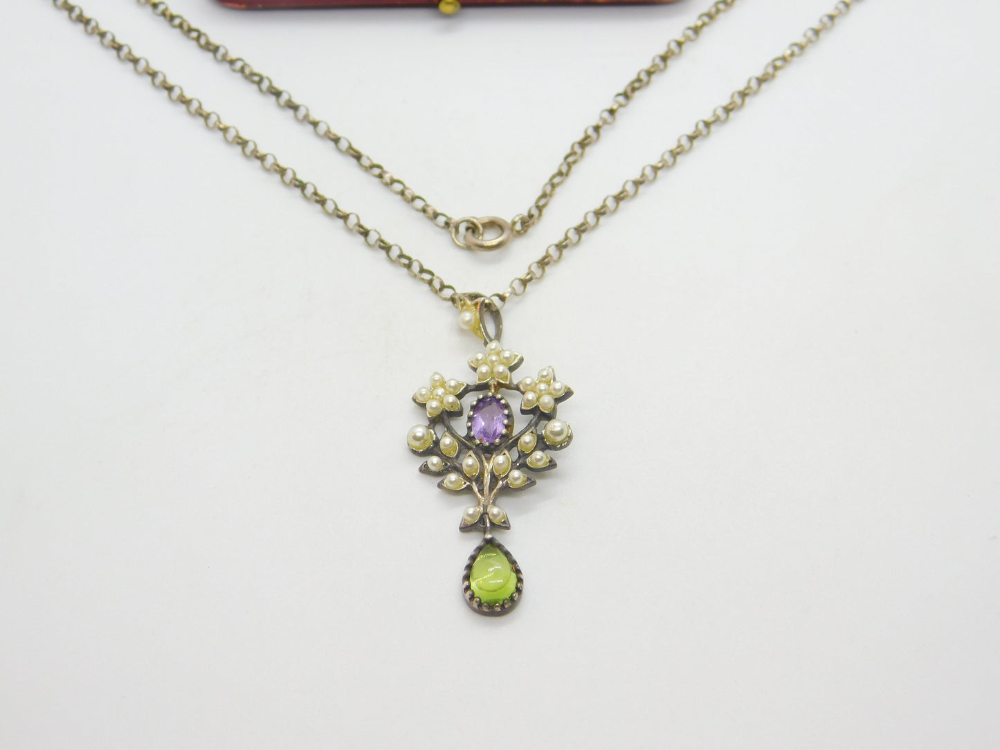 Edwardian Suffragette Sterling Silver, Pearl, Peridot, Amethyst Necklace c1910