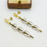 9ct Two-Tone Gold Dangling Feather Drop Stud Earrings Vintage 2004 London