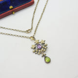 Edwardian Suffragette Sterling Silver, Pearl, Peridot, Amethyst Necklace c1910