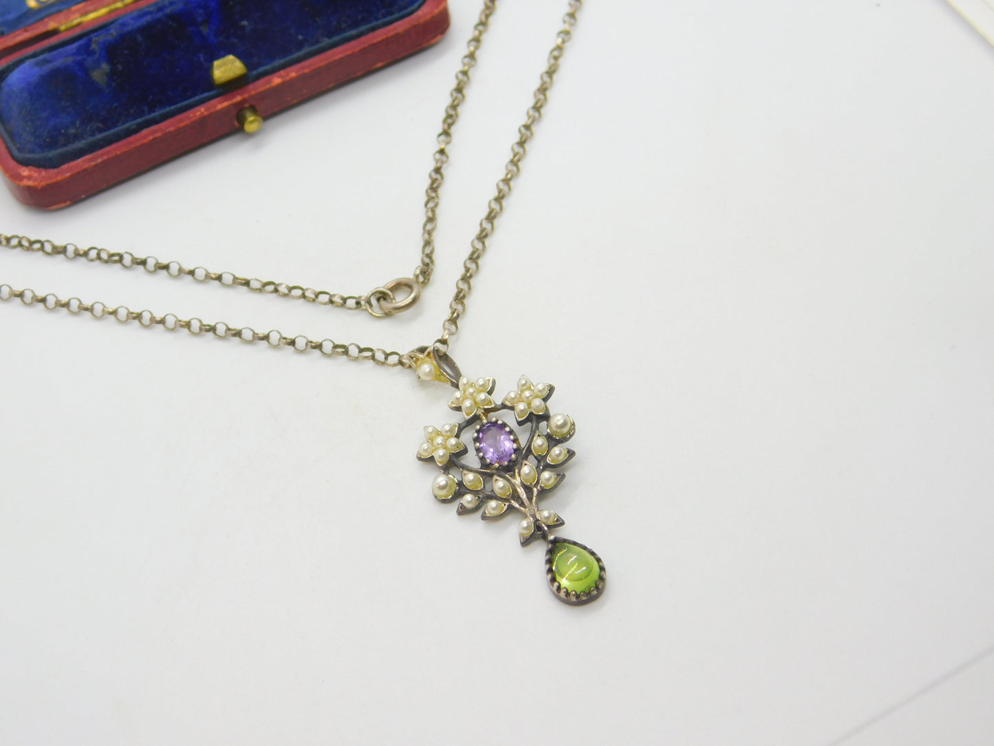 Edwardian Suffragette Sterling Silver, Pearl, Peridot, Amethyst Necklace c1910