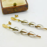 9ct Two-Tone Gold Dangling Feather Drop Stud Earrings Vintage 2004 London