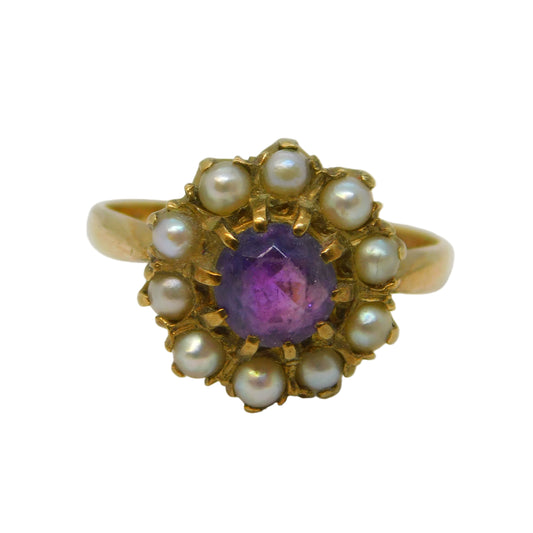 9ct Yellow Gold, Amethyst, Seed Pearl Floral Cluster Ring Vintage 1966 London