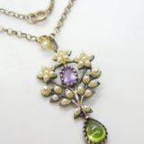 Edwardian Suffragette Sterling Silver, Pearl, Peridot, Amethyst Necklace c1910