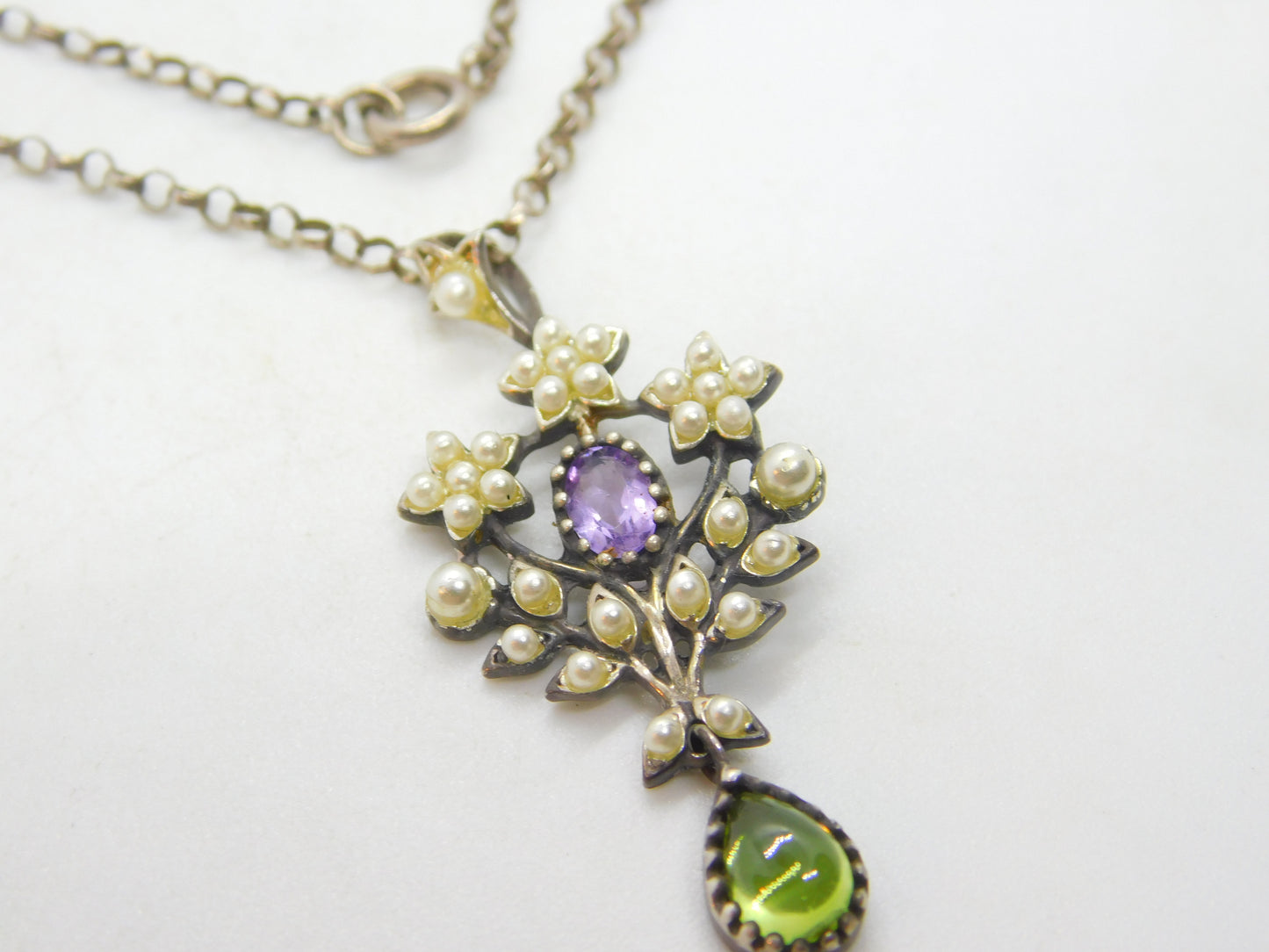 Edwardian Suffragette Sterling Silver, Pearl, Peridot, Amethyst Necklace c1910