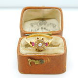 Victorian 18ct Gold, Ruby, Diamond, Seed Pearl Floral Dress Ring 1873 Antique