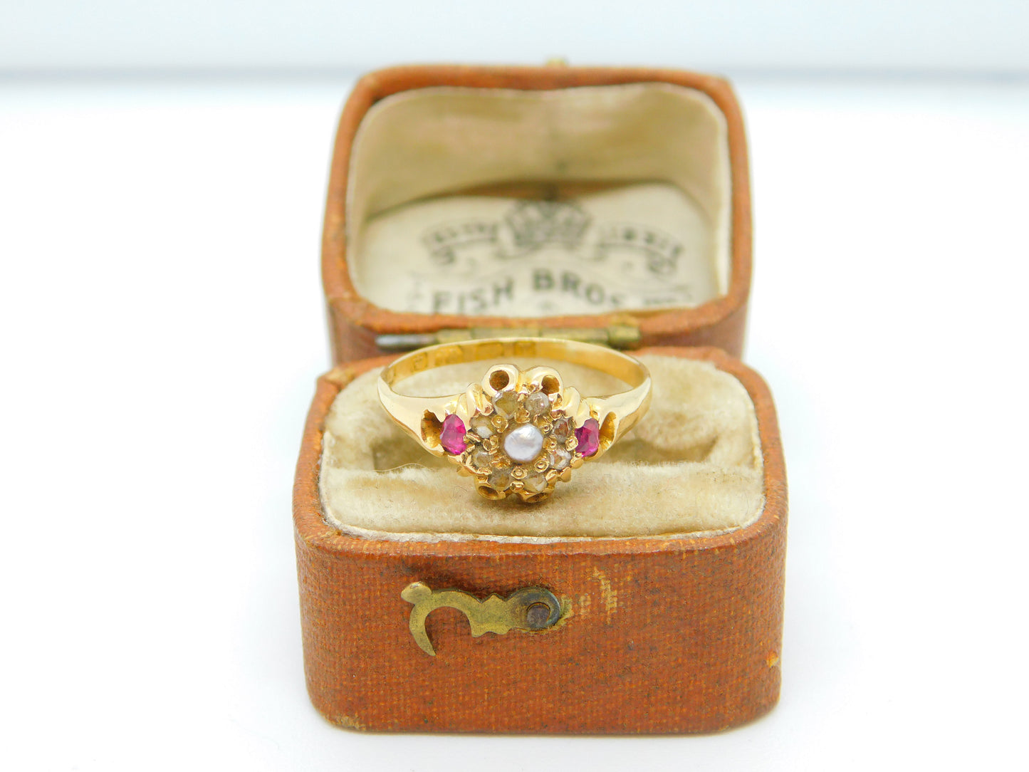 Victorian 18ct Gold, Ruby, Diamond, Seed Pearl Floral Dress Ring 1873 Antique