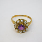 9ct Yellow Gold, Amethyst, Seed Pearl Floral Cluster Ring Vintage 1966 London