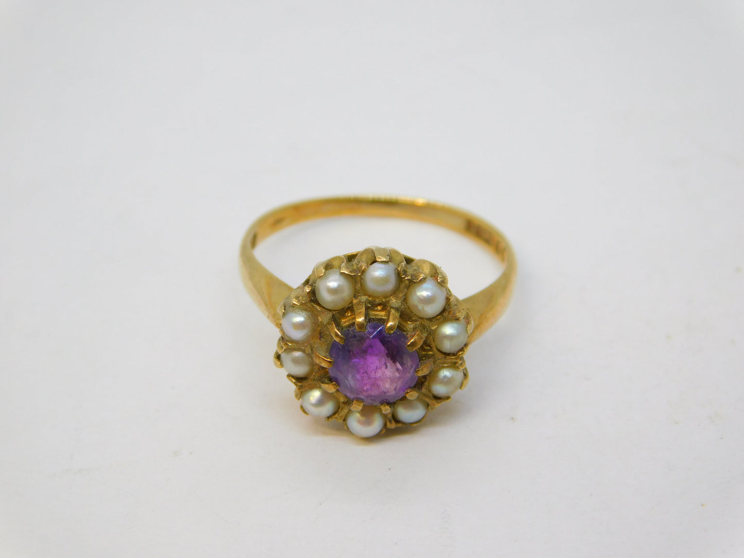 9ct Yellow Gold, Amethyst, Seed Pearl Floral Cluster Ring Vintage 1966 London