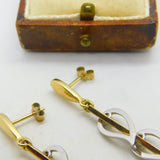 9ct Two-Tone Gold Dangling Feather Drop Stud Earrings Vintage 2004 London