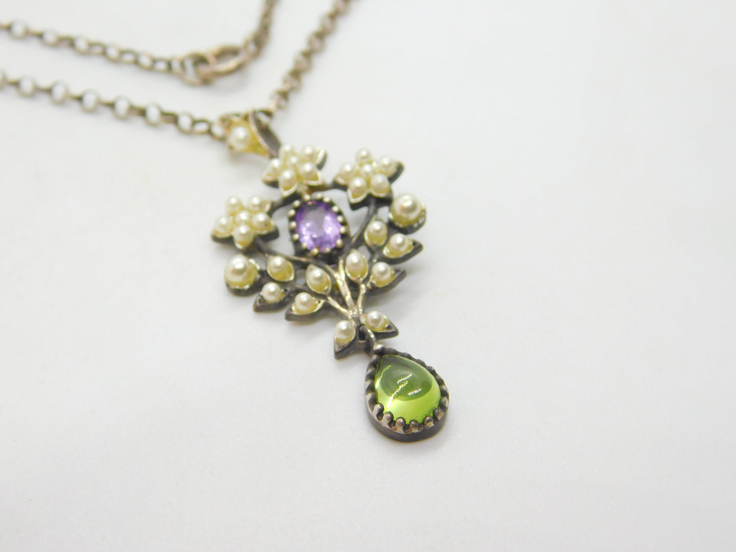 Edwardian Suffragette Sterling Silver, Pearl, Peridot, Amethyst Necklace c1910