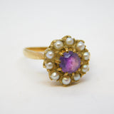 9ct Yellow Gold, Amethyst, Seed Pearl Floral Cluster Ring Vintage 1966 London