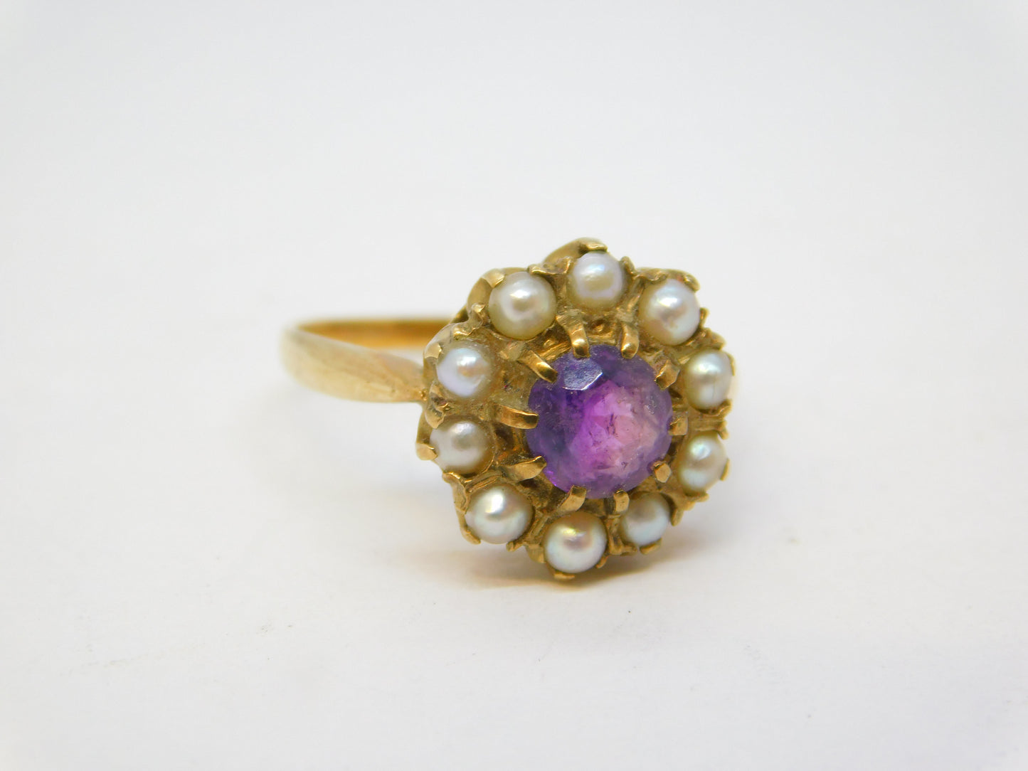 9ct Yellow Gold, Amethyst, Seed Pearl Floral Cluster Ring Vintage 1966 London